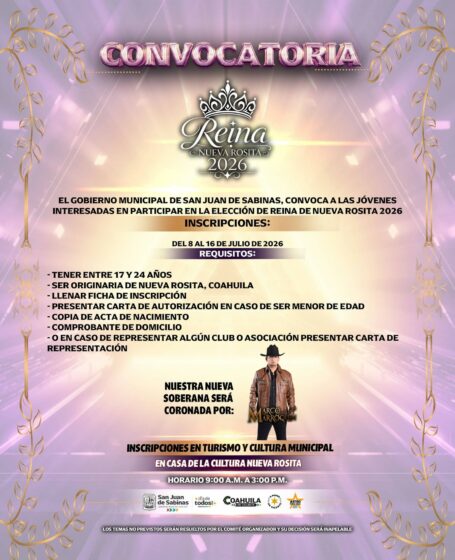 Presenta Óscar Ríos Ramírez convocatoria para elección de Reina de Nueva Rosita 2026
